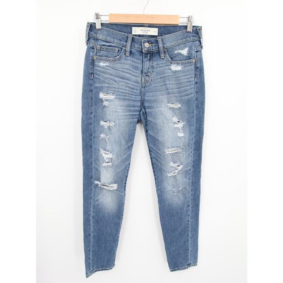 Abercrombie Fitch Jeans Blue Denim Distressed Ripped Boyfriend Mid Rise 0 25 - Picture 1 of 11